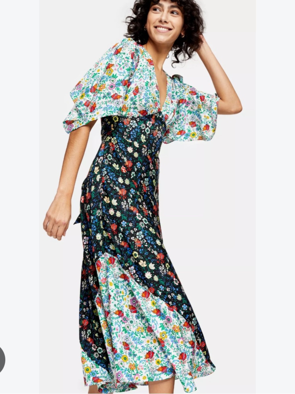 Topshop Floral Mixed-Print V-Neck Midi Dress - Black/Multi